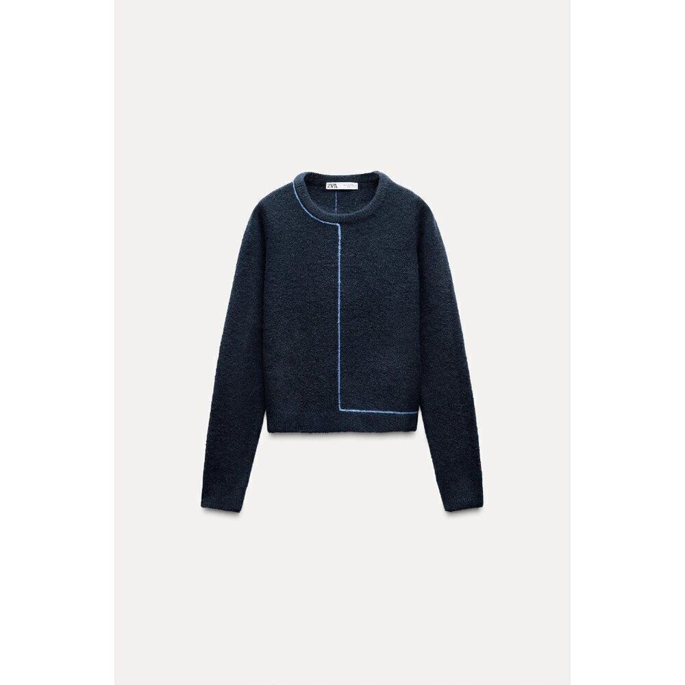 Zara Womens Pullover Sweater L Navy Blue Knit Contrasting Piping 5536/202 NWOT